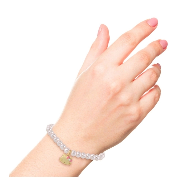 Sanrio Hello Kitty 18k Gold Plated Faux Pearls & Crystals Stretch Bracelet - Picture 2 of 7